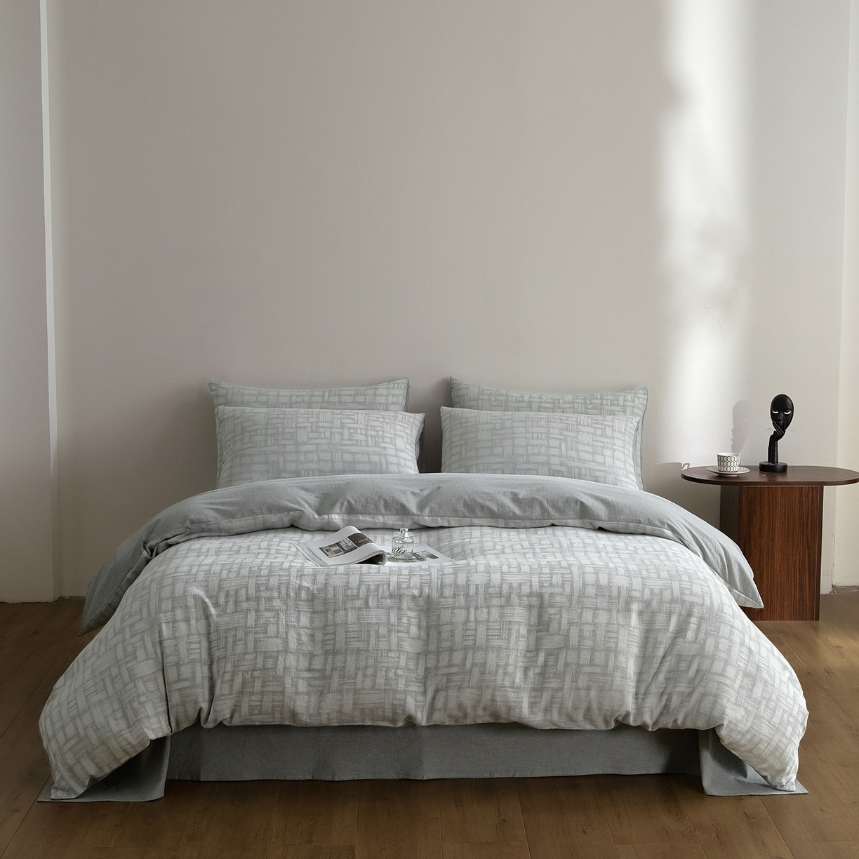 91家纺网 家纺一手货源 找家纺 如一 2026新款A类色织提花全棉双层纱水洗棉四件套 浮光灰