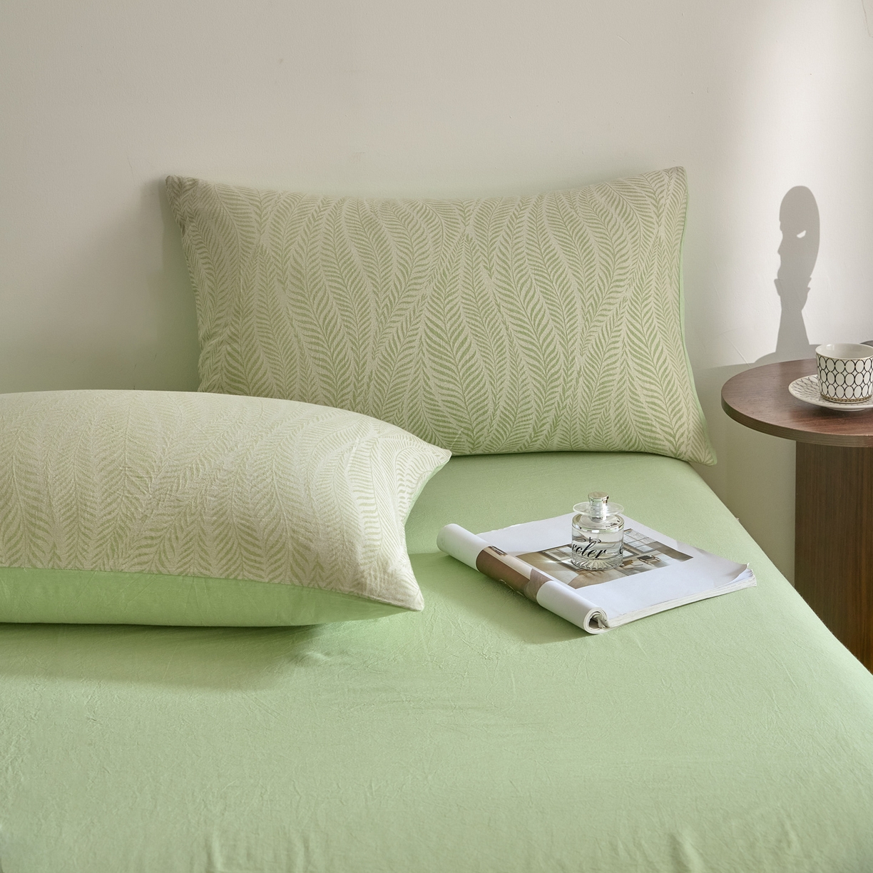 91家纺网 家纺一手货源 找家纺 如一 2026新款A类色织提花全棉双层纱水洗棉四件套 叶笙绿