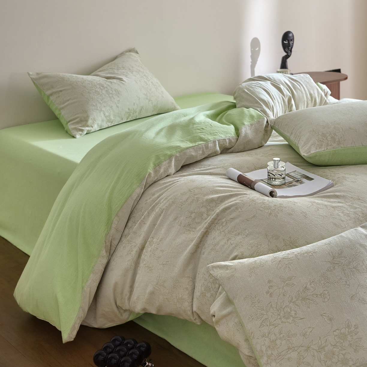 91家纺网 家纺一手货源 找家纺 如一 2026新款A类色织提花全棉双层纱水洗棉四件套 花忆绿