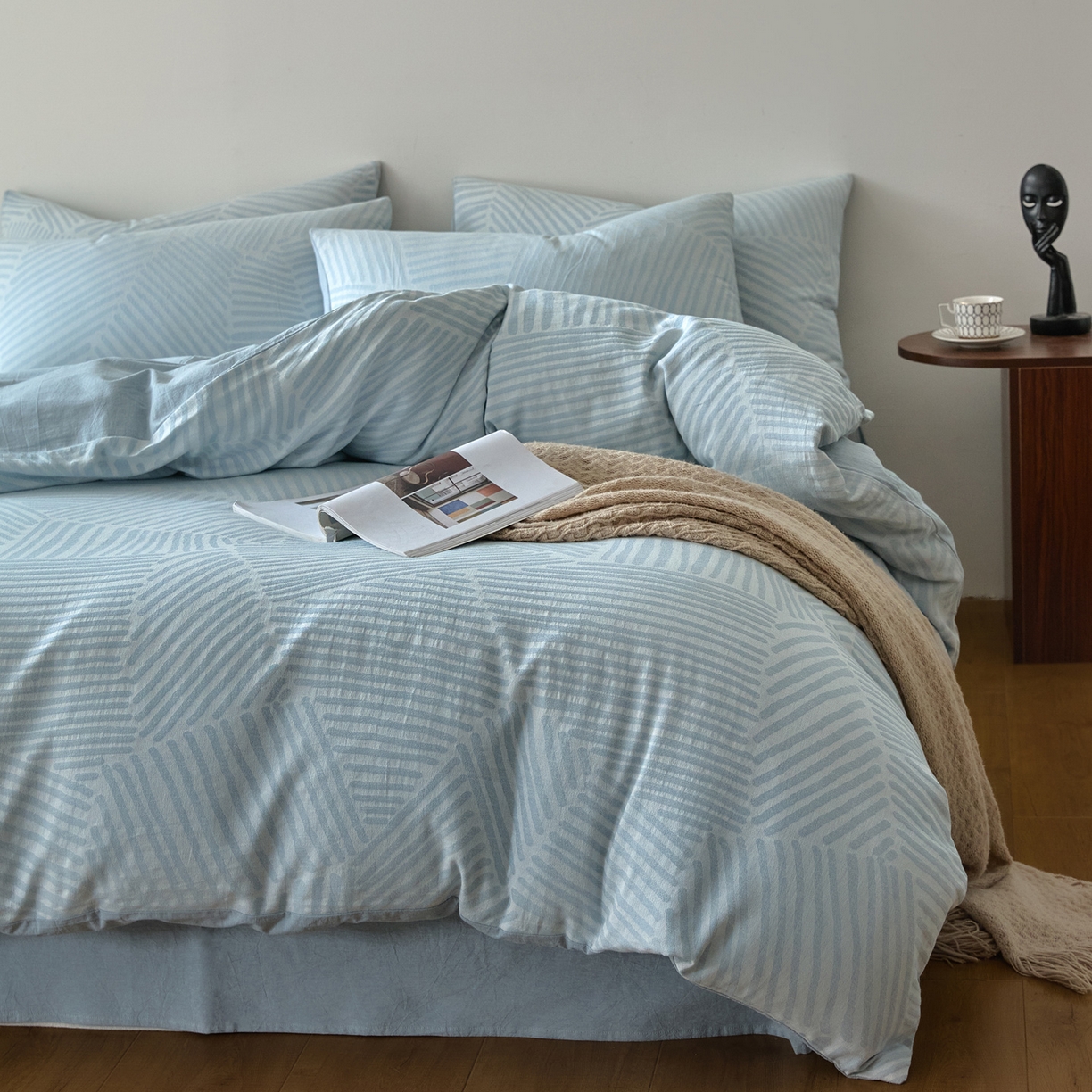 91家纺网 家纺一手货源 找家纺 如一 2026新款A类色织提花全棉双层纱水洗棉四件套 序章蓝