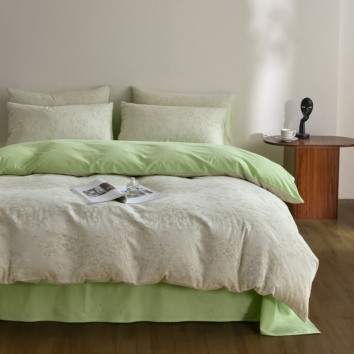 91家纺网 家纺一手货源 找家纺 如一 2026新款A类色织提花全棉双层纱水洗棉四件套 花忆绿