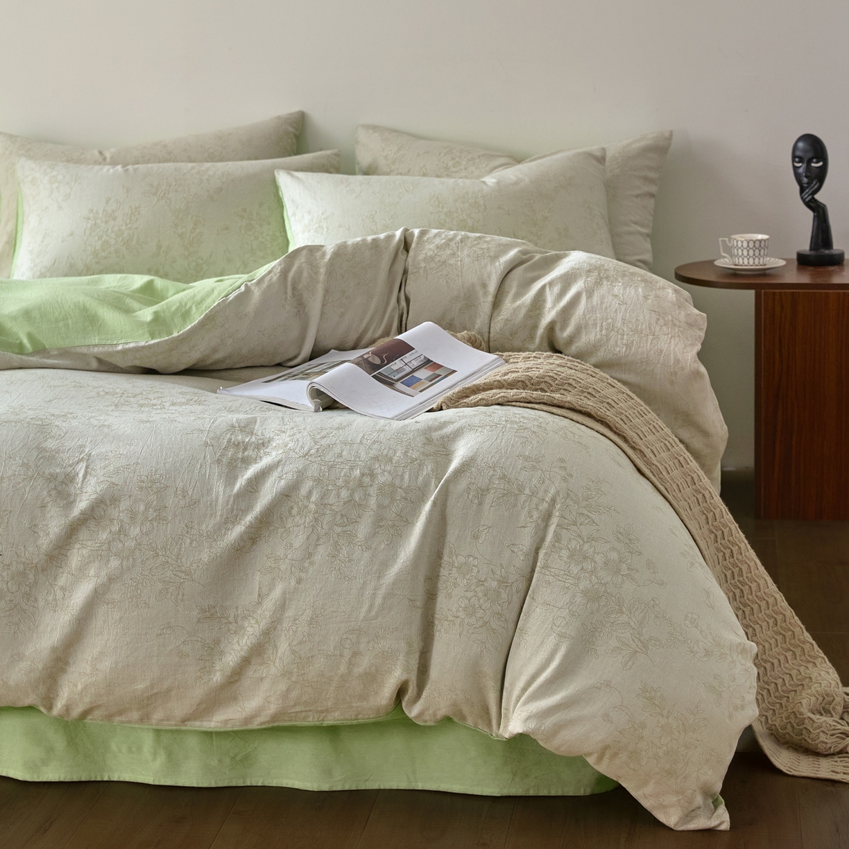 91家纺网 家纺一手货源 找家纺 如一 2026新款A类色织提花全棉双层纱水洗棉四件套 花忆绿