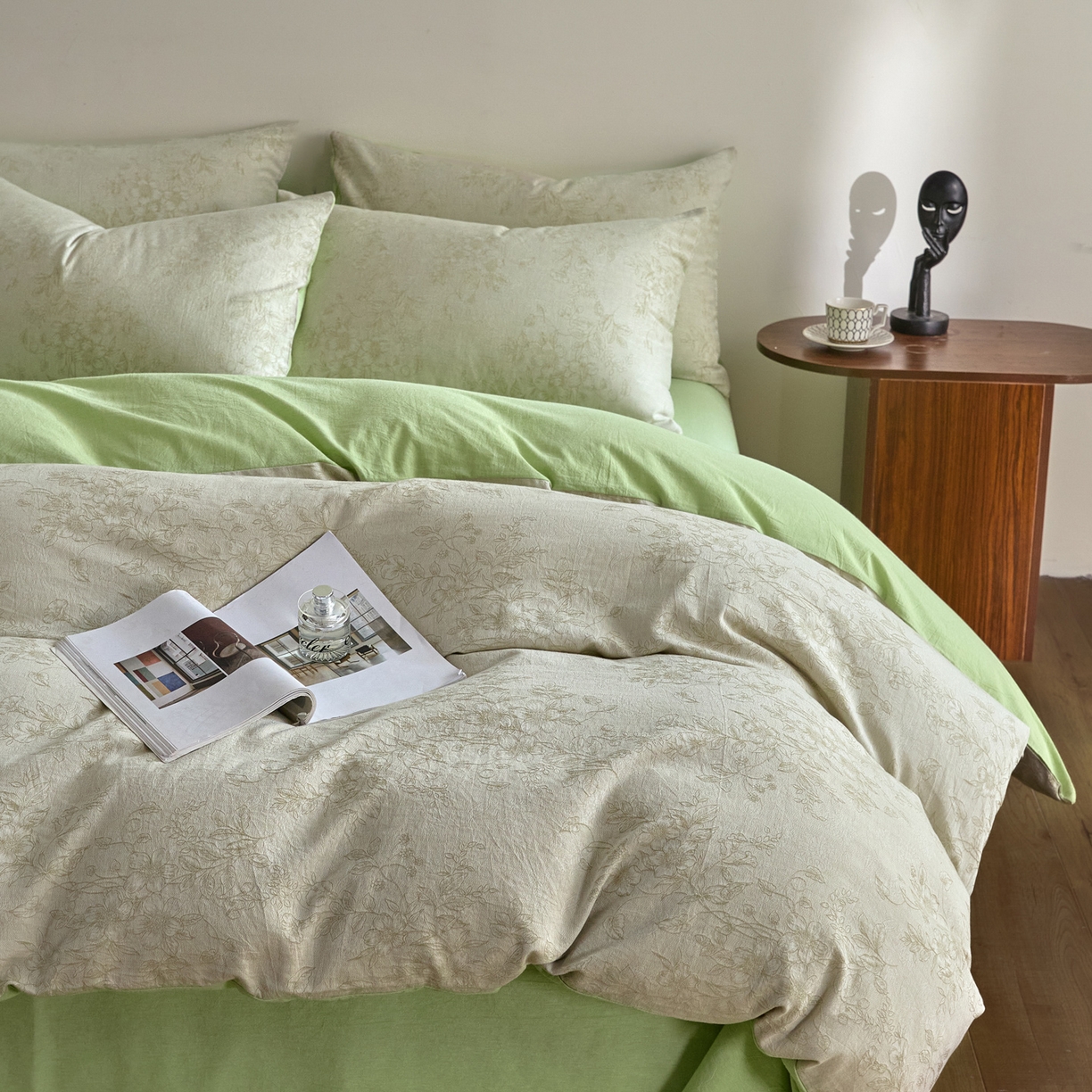 91家纺网 家纺一手货源 找家纺 如一 2026新款A类色织提花全棉双层纱水洗棉四件套 花忆绿