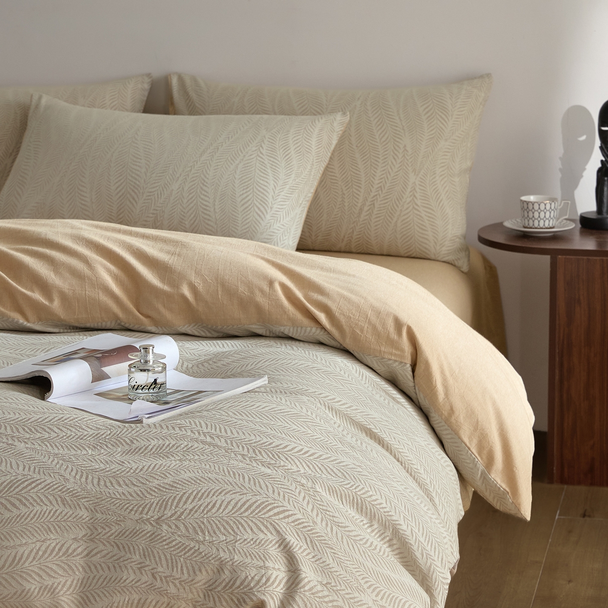 91家纺网 家纺一手货源 找家纺 如一 2026新款A类色织提花全棉双层纱水洗棉四件套 叶笙咖