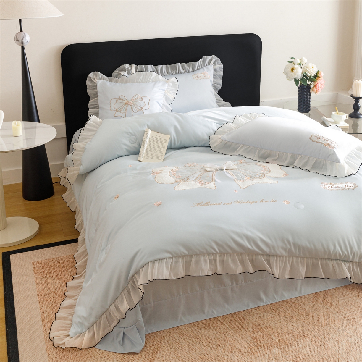 91家纺网 家纺一手货源 找家纺 优贝家纺 2026新款夏被韩版夏被四件套刺绣款直播热款 花仙子-蓝