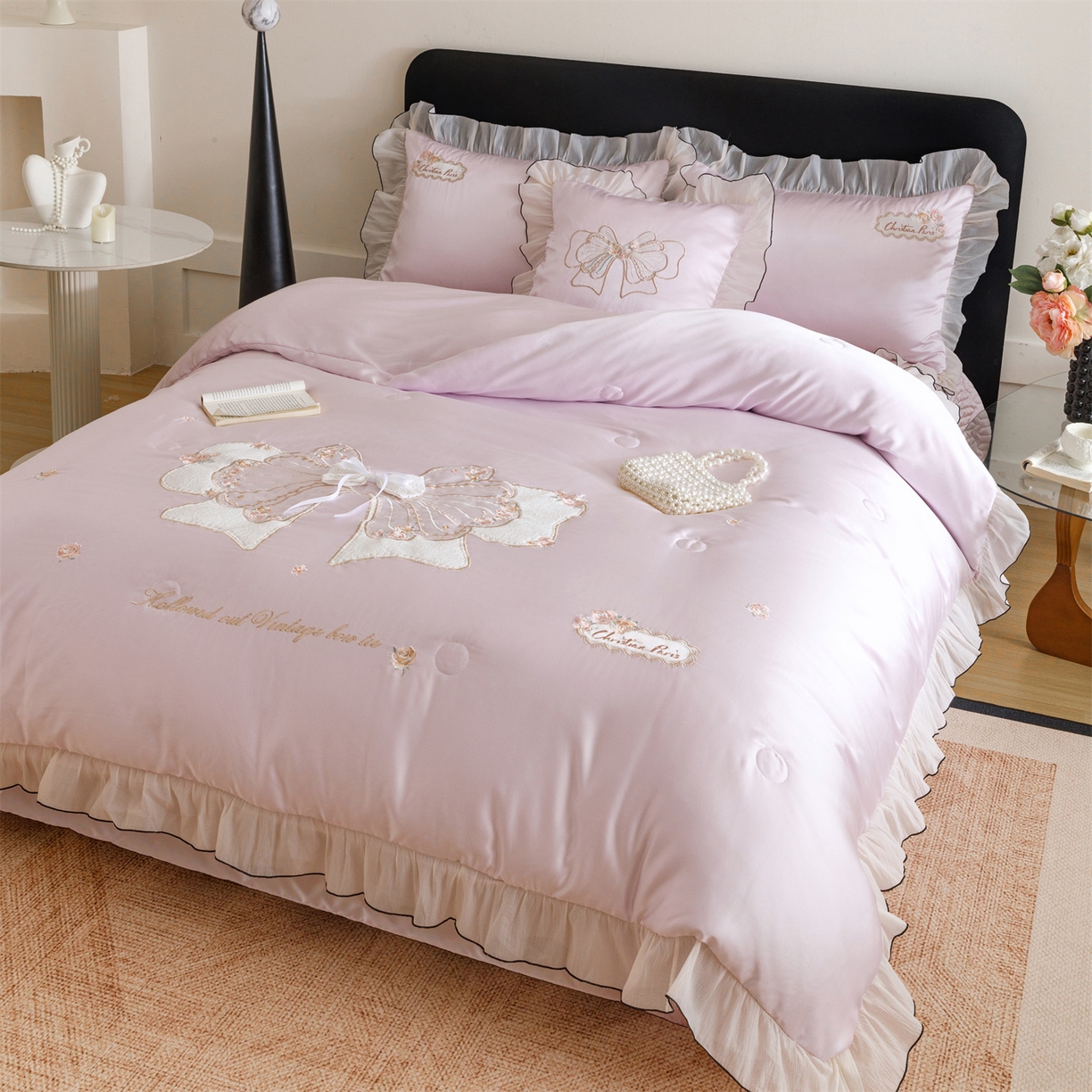 91家纺网 家纺一手货源 找家纺 优贝家纺 2026新款夏被韩版夏被四件套刺绣款直播热款 花仙子-紫