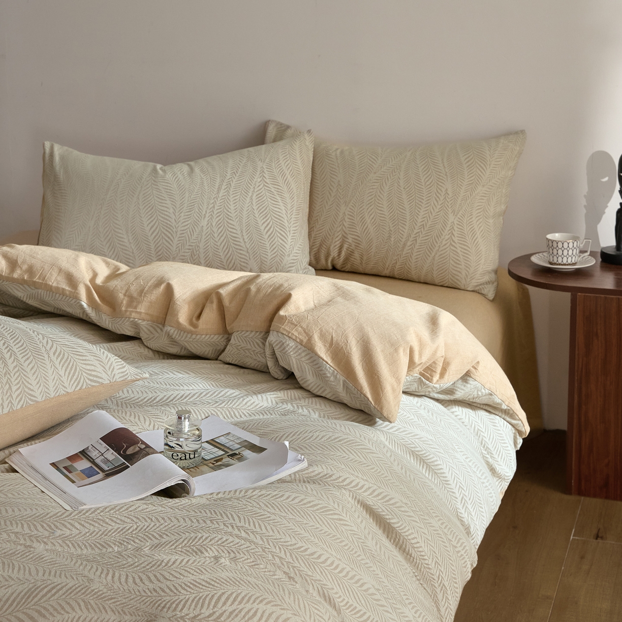 91家纺网 家纺一手货源 找家纺 如一 2026新款A类色织提花全棉双层纱水洗棉四件套 叶笙咖