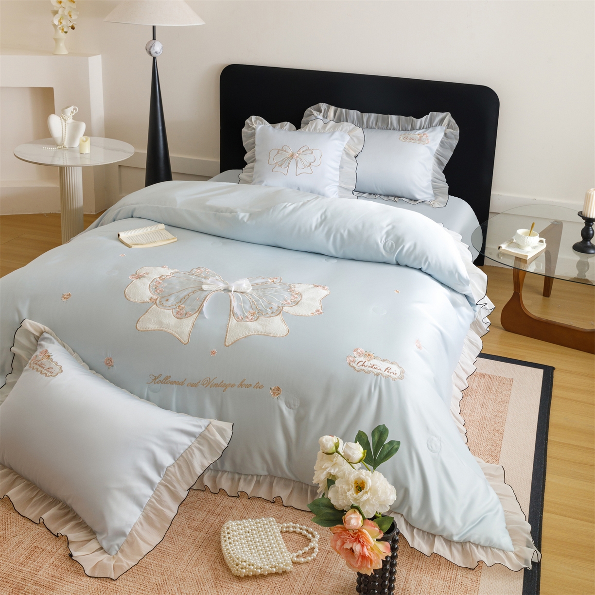 91家纺网 家纺一手货源 找家纺 优贝家纺 2026新款夏被韩版夏被四件套刺绣款直播热款 花仙子-蓝