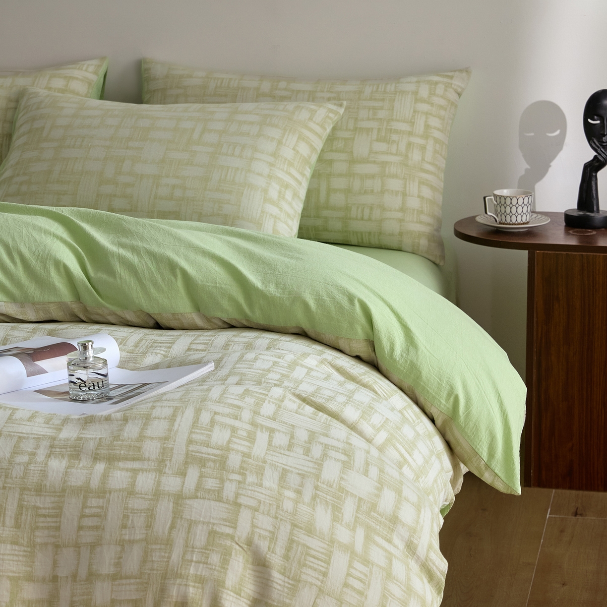 91家纺网 家纺一手货源 找家纺 如一 2026新款A类色织提花全棉双层纱水洗棉四件套 浮光绿