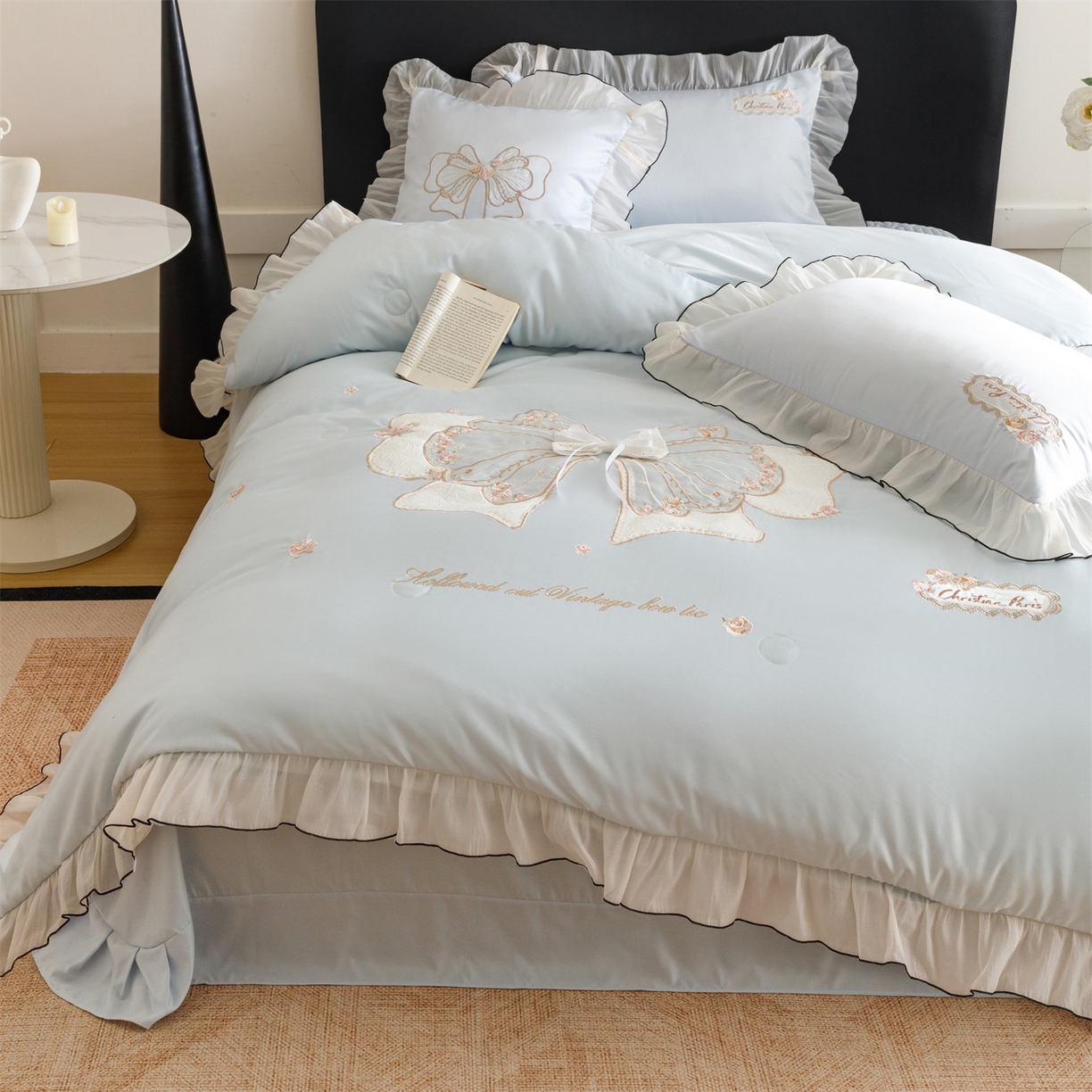 91家纺网 家纺一手货源 找家纺 优贝家纺 2026新款夏被韩版夏被四件套刺绣款直播热款 花仙子-蓝