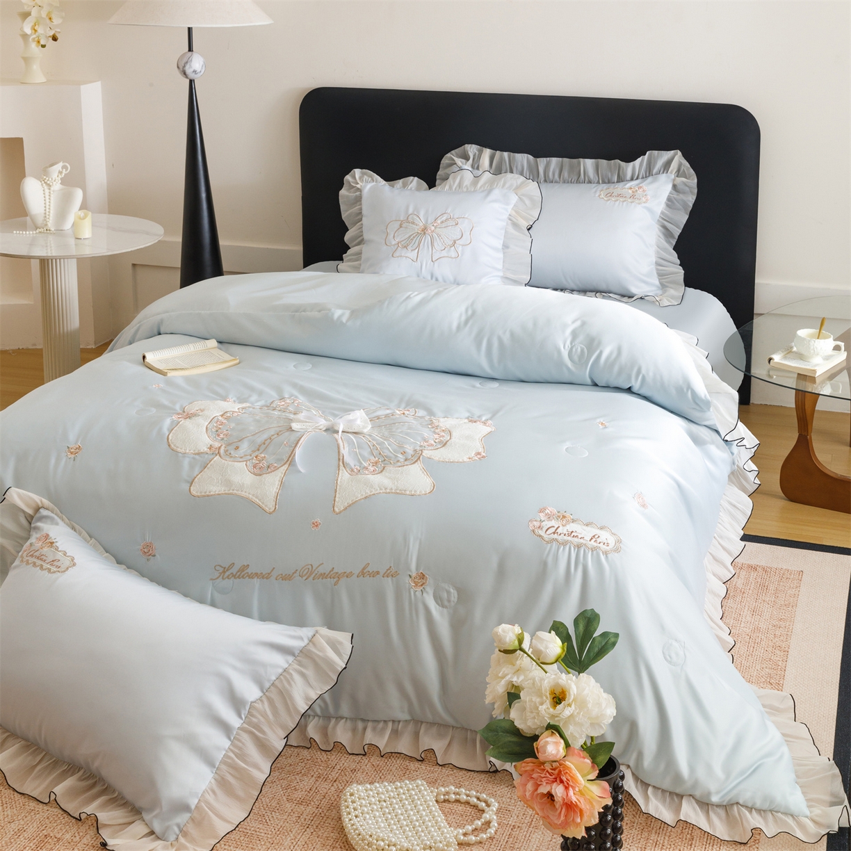 91家纺网 家纺一手货源 找家纺 优贝家纺 2026新款夏被韩版夏被四件套刺绣款直播热款 花仙子-蓝