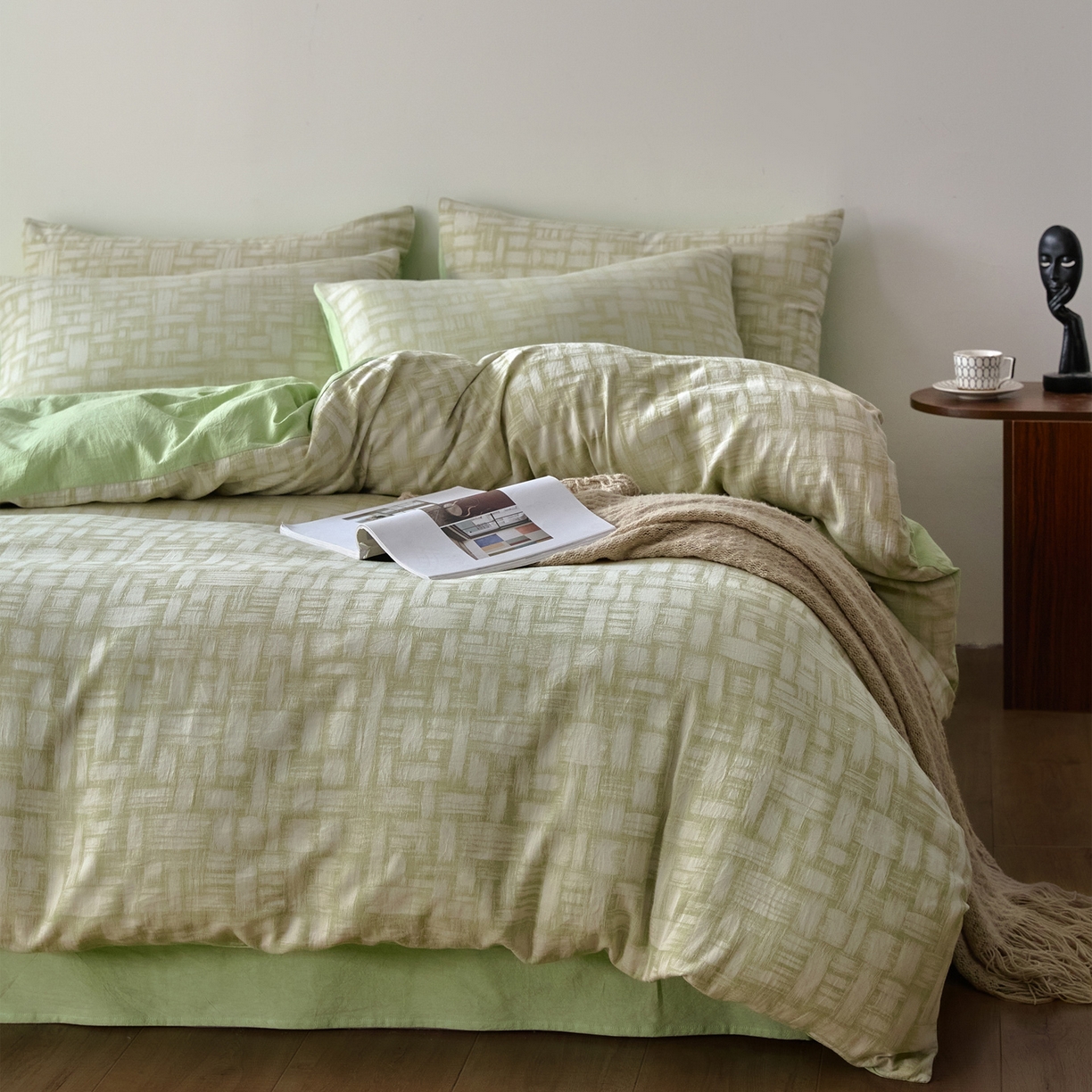 91家纺网 家纺一手货源 找家纺 如一 2026新款A类色织提花全棉双层纱水洗棉四件套 浮光绿