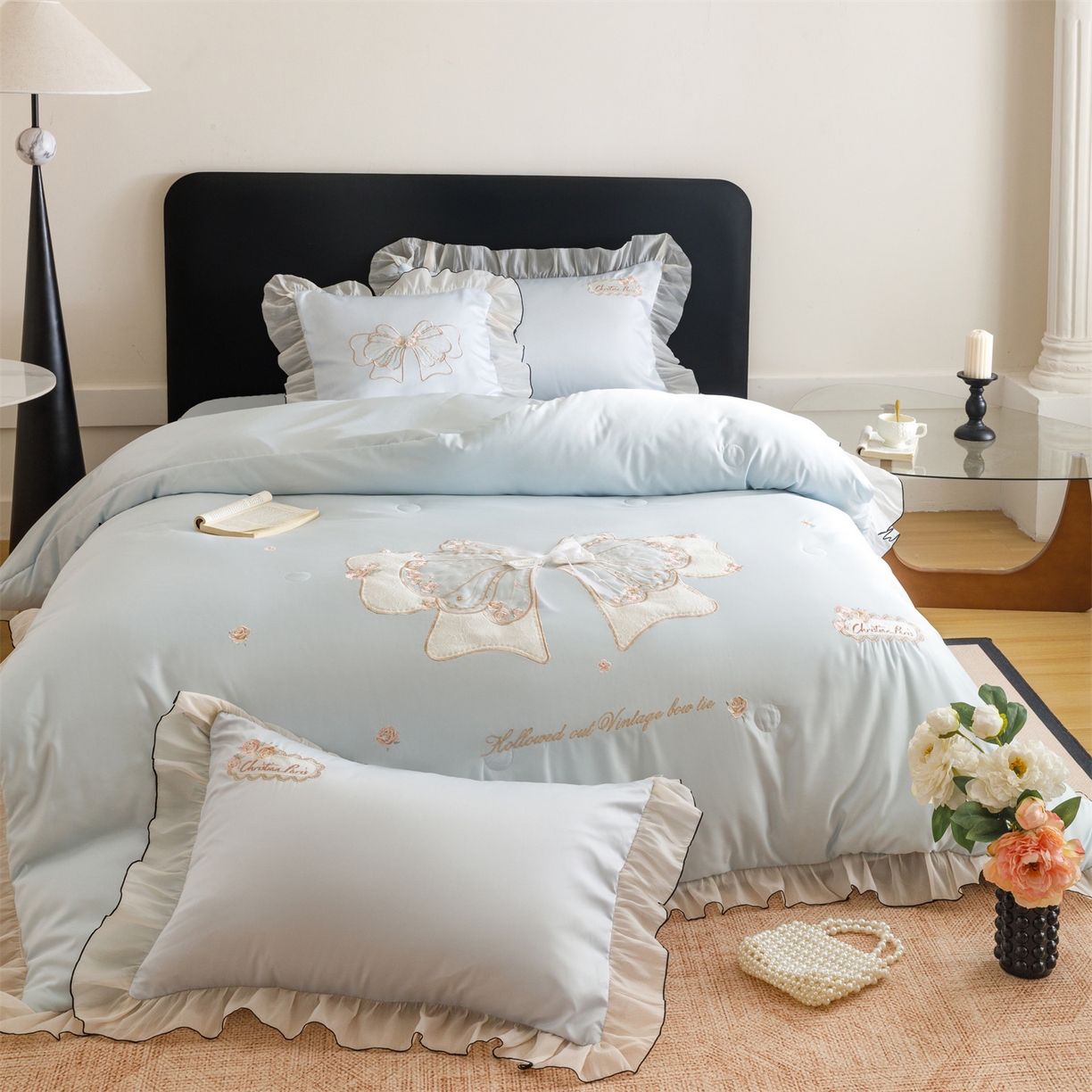 91家纺网 家纺一手货源 找家纺 优贝家纺 2026新款夏被韩版夏被四件套刺绣款直播热款 花仙子-蓝