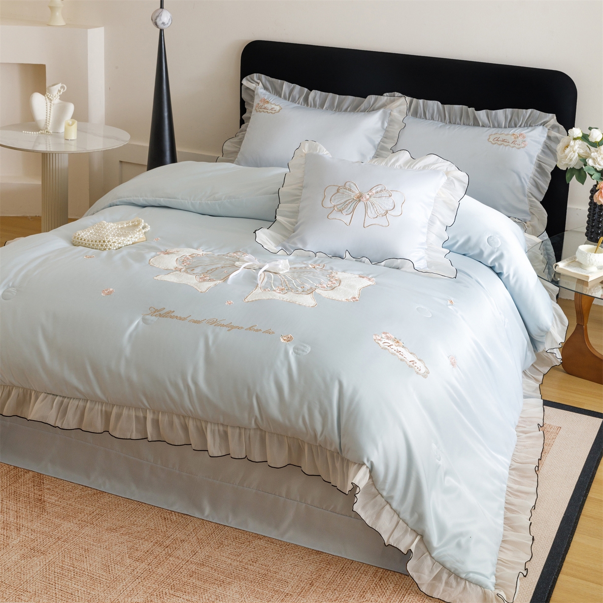 91家纺网 家纺一手货源 找家纺 优贝家纺 2026新款夏被韩版夏被四件套刺绣款直播热款 花仙子-蓝