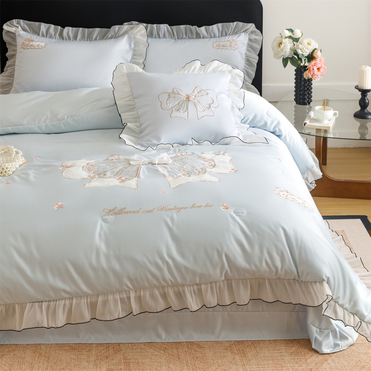 91家纺网 家纺一手货源 找家纺 优贝家纺 2026新款夏被韩版夏被四件套刺绣款直播热款 花仙子-蓝