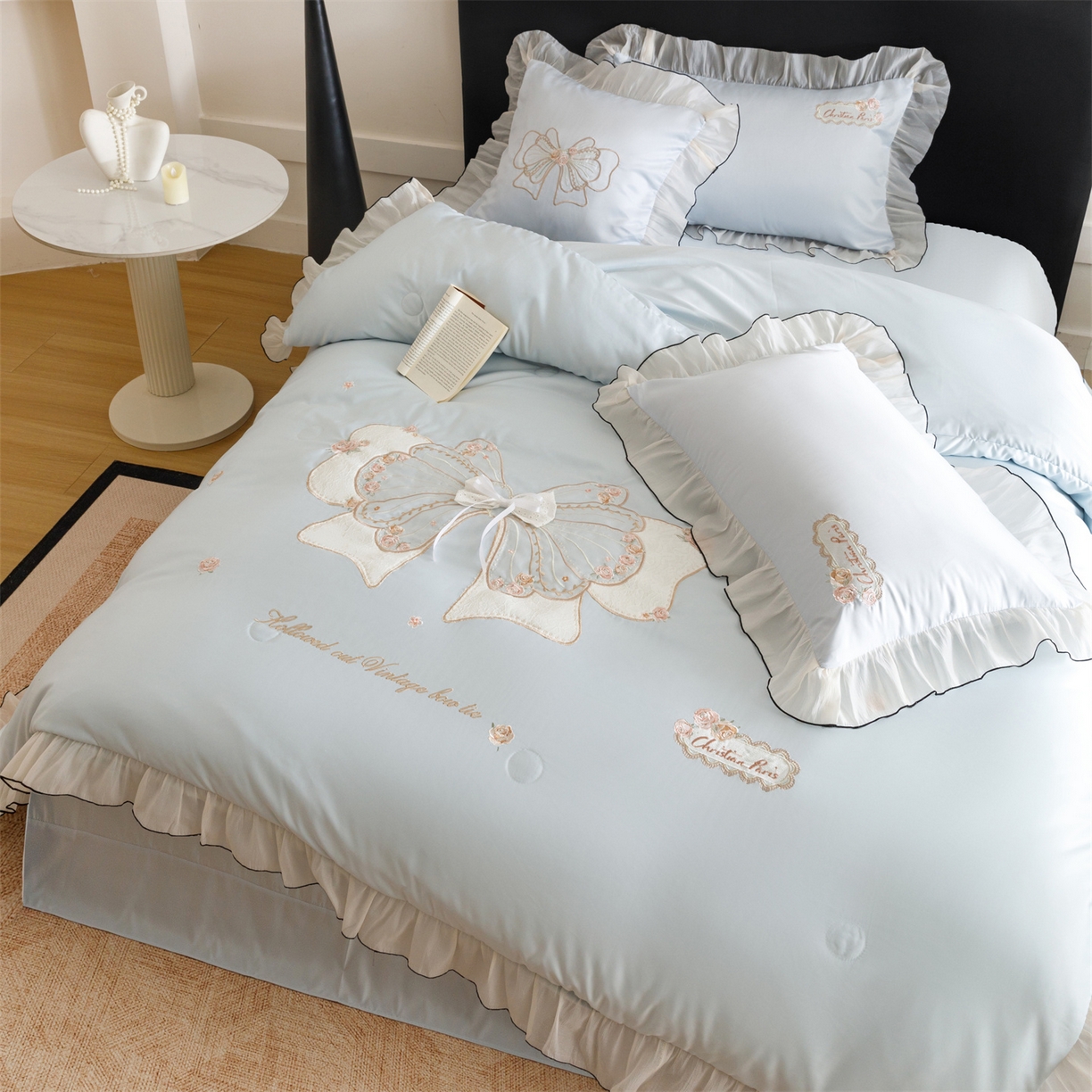 91家纺网 家纺一手货源 找家纺 优贝家纺 2026新款夏被韩版夏被四件套刺绣款直播热款 花仙子-蓝