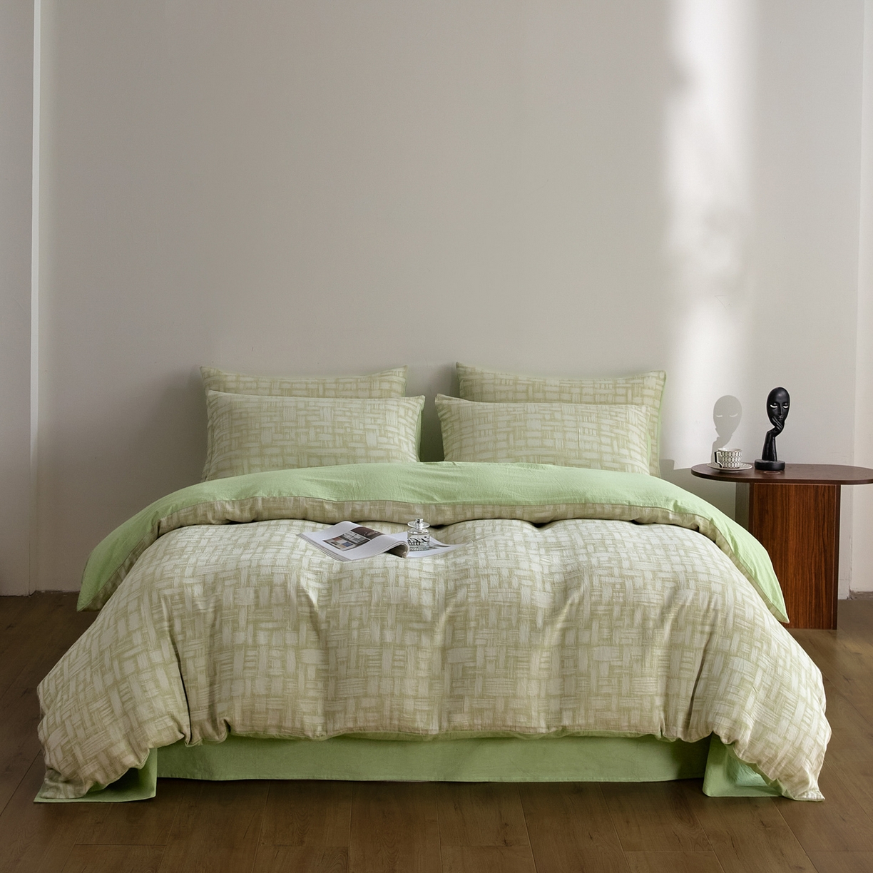 91家纺网 家纺一手货源 找家纺 如一 2026新款A类色织提花全棉双层纱水洗棉四件套 浮光绿