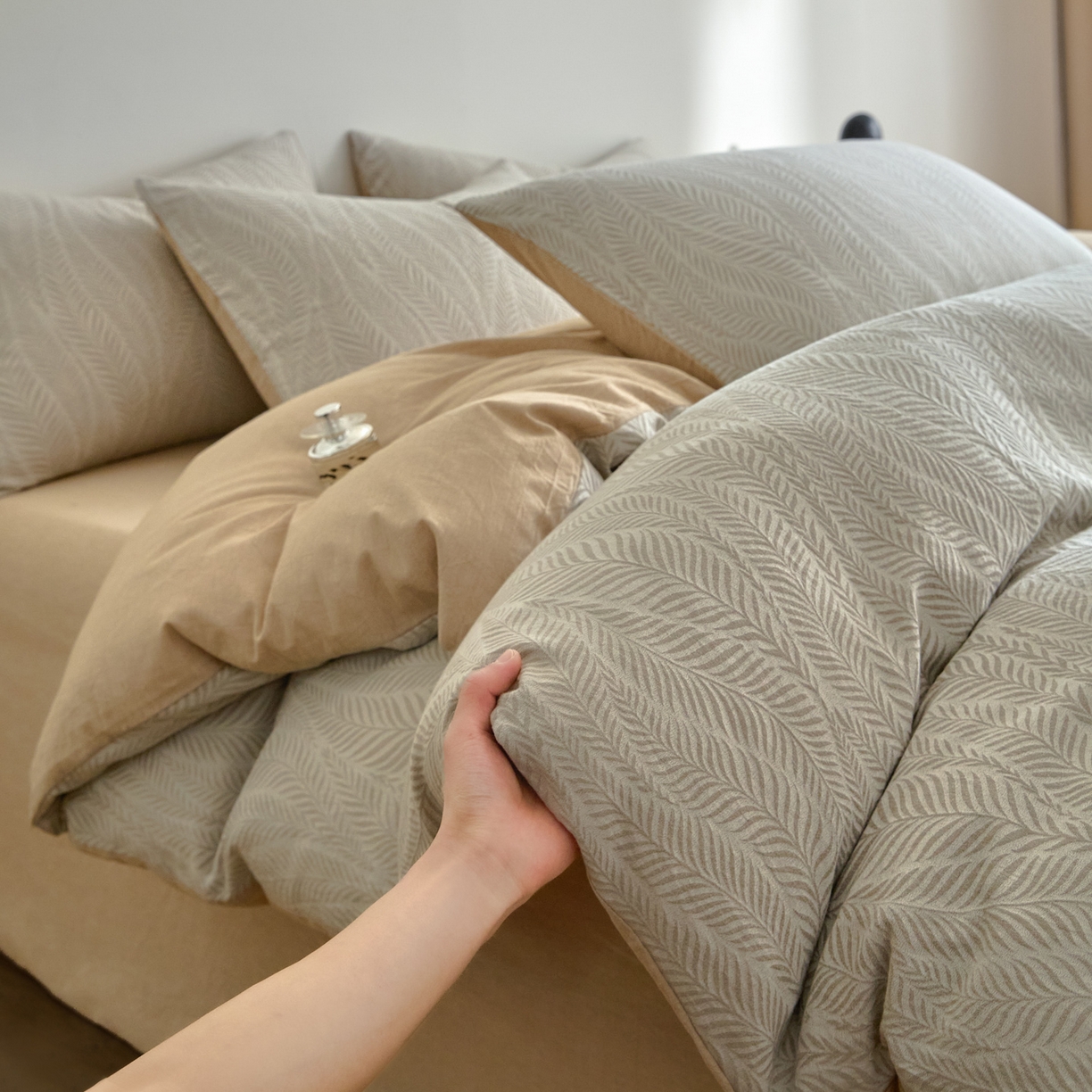 91家纺网 家纺一手货源 找家纺 如一 2026新款A类色织提花全棉双层纱水洗棉四件套 叶笙咖