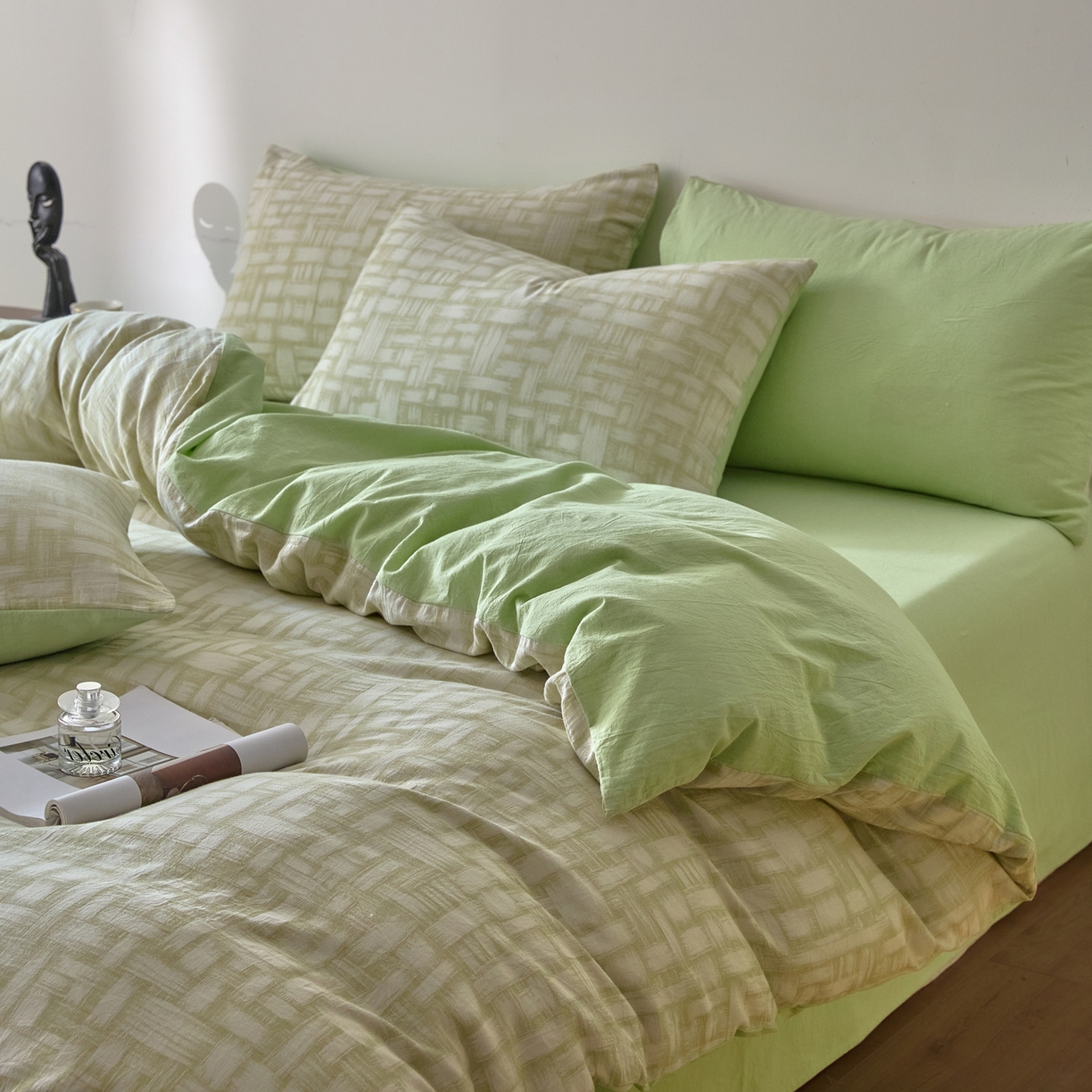 91家纺网 家纺一手货源 找家纺 如一 2026新款A类色织提花全棉双层纱水洗棉四件套 浮光绿