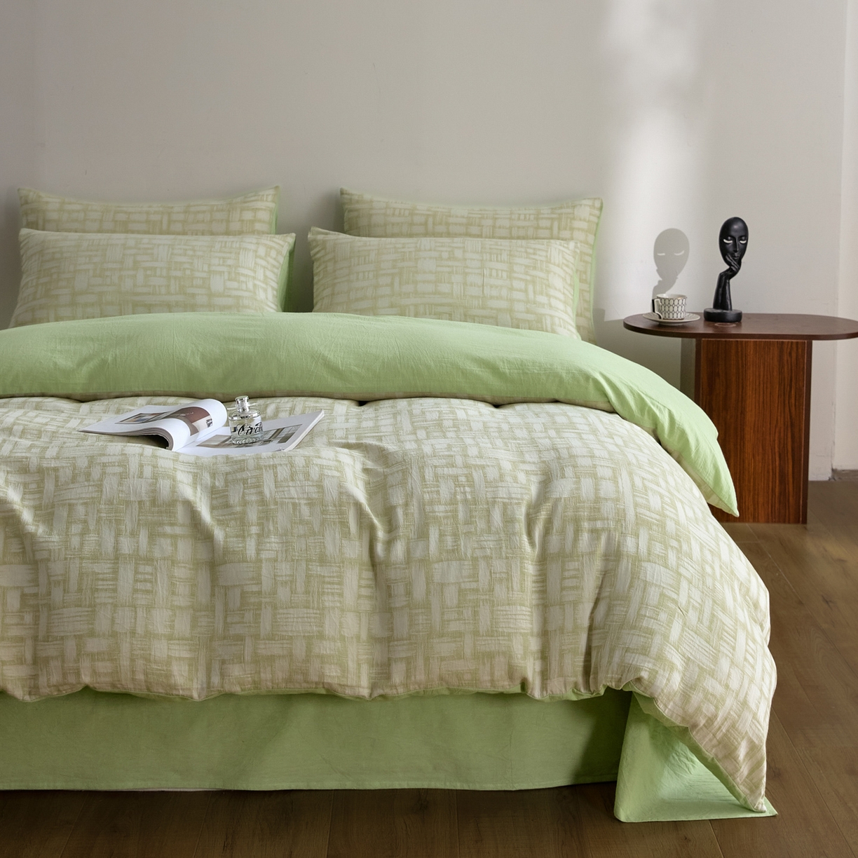 91家纺网 家纺一手货源 找家纺 如一 2026新款A类色织提花全棉双层纱水洗棉四件套 浮光绿