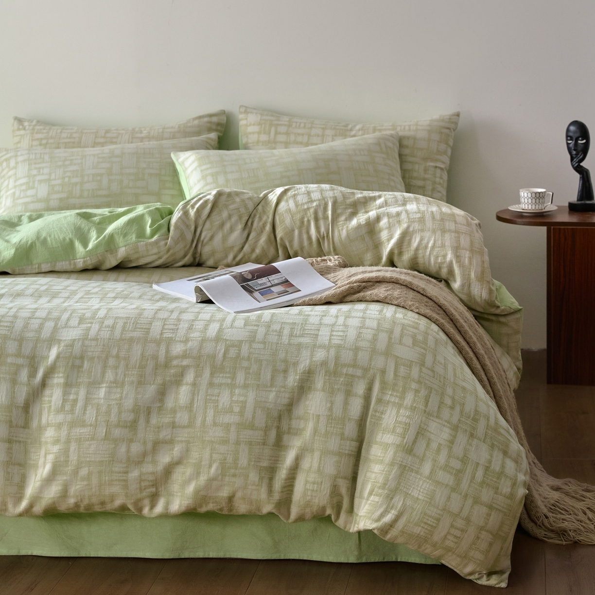 91家纺网 家纺一手货源 找家纺 如一 2026新款A类色织提花全棉双层纱水洗棉四件套 浮光绿