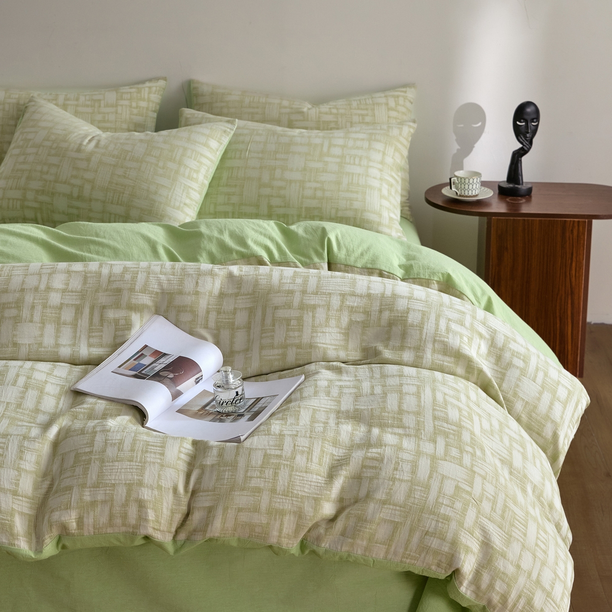 91家纺网 家纺一手货源 找家纺 如一 2026新款A类色织提花全棉双层纱水洗棉四件套 浮光绿