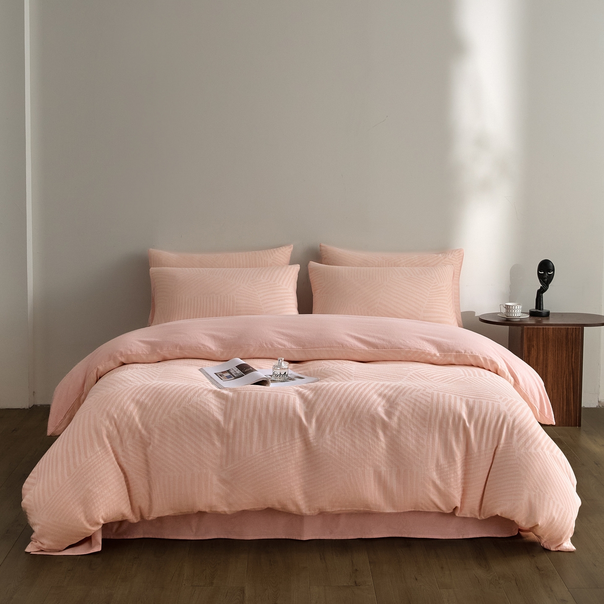 91家纺网 家纺一手货源 找家纺 如一 2026新款A类色织提花全棉双层纱水洗棉四件套 序章粉