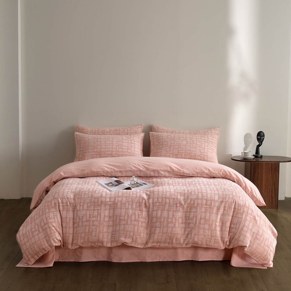 91家纺网 家纺一手货源 找家纺 如一 2026新款A类色织提花全棉双层纱水洗棉四件套 浮光粉