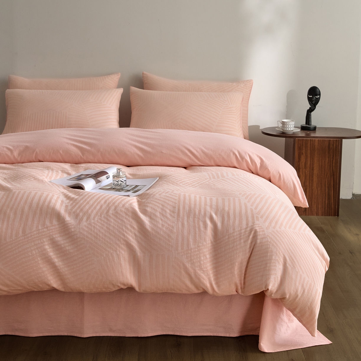 91家纺网 家纺一手货源 找家纺 如一 2026新款A类色织提花全棉双层纱水洗棉四件套 序章粉