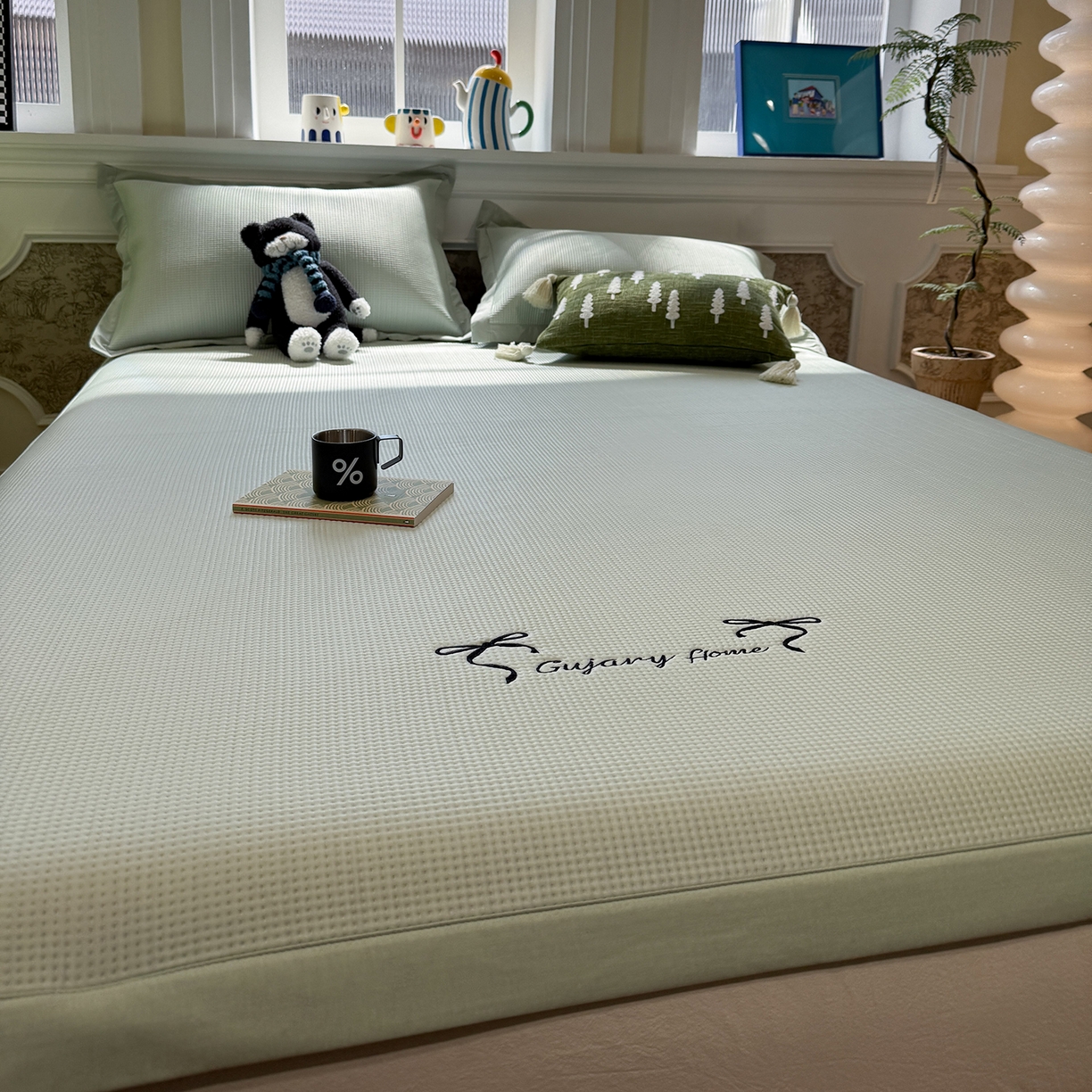 91家纺网 家纺一手货源 找家纺 GUJARY古家丽 2026新款A类刺绣凉豆豆凉席miumiu风绣蝴蝶结 青柠绿