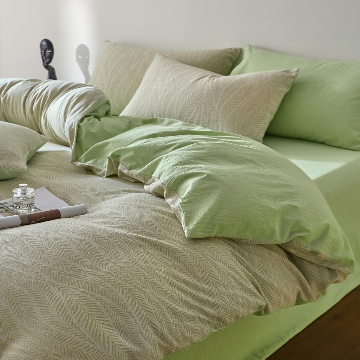 如一 2026新款A类色织提花全棉双层纱水洗棉四件套 叶笙绿