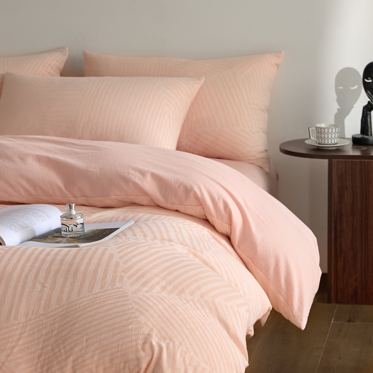 91家纺网 家纺一手货源 找家纺 如一 2026新款A类色织提花全棉双层纱水洗棉四件套 序章粉