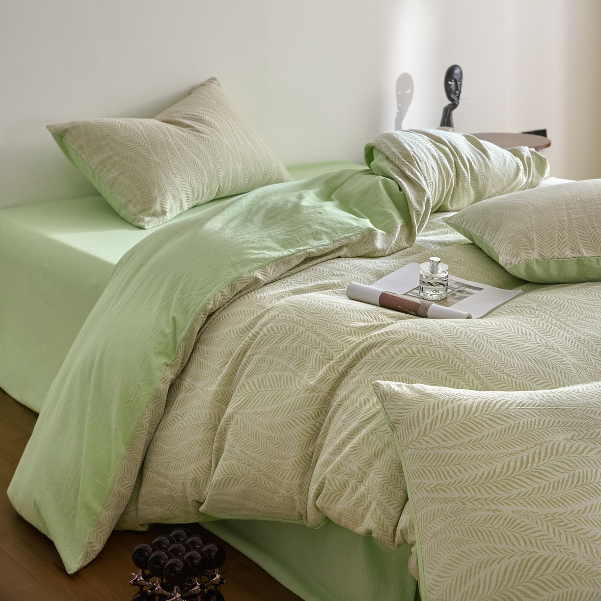 91家纺网 家纺一手货源 找家纺 如一 2026新款A类色织提花全棉双层纱水洗棉四件套 叶笙绿