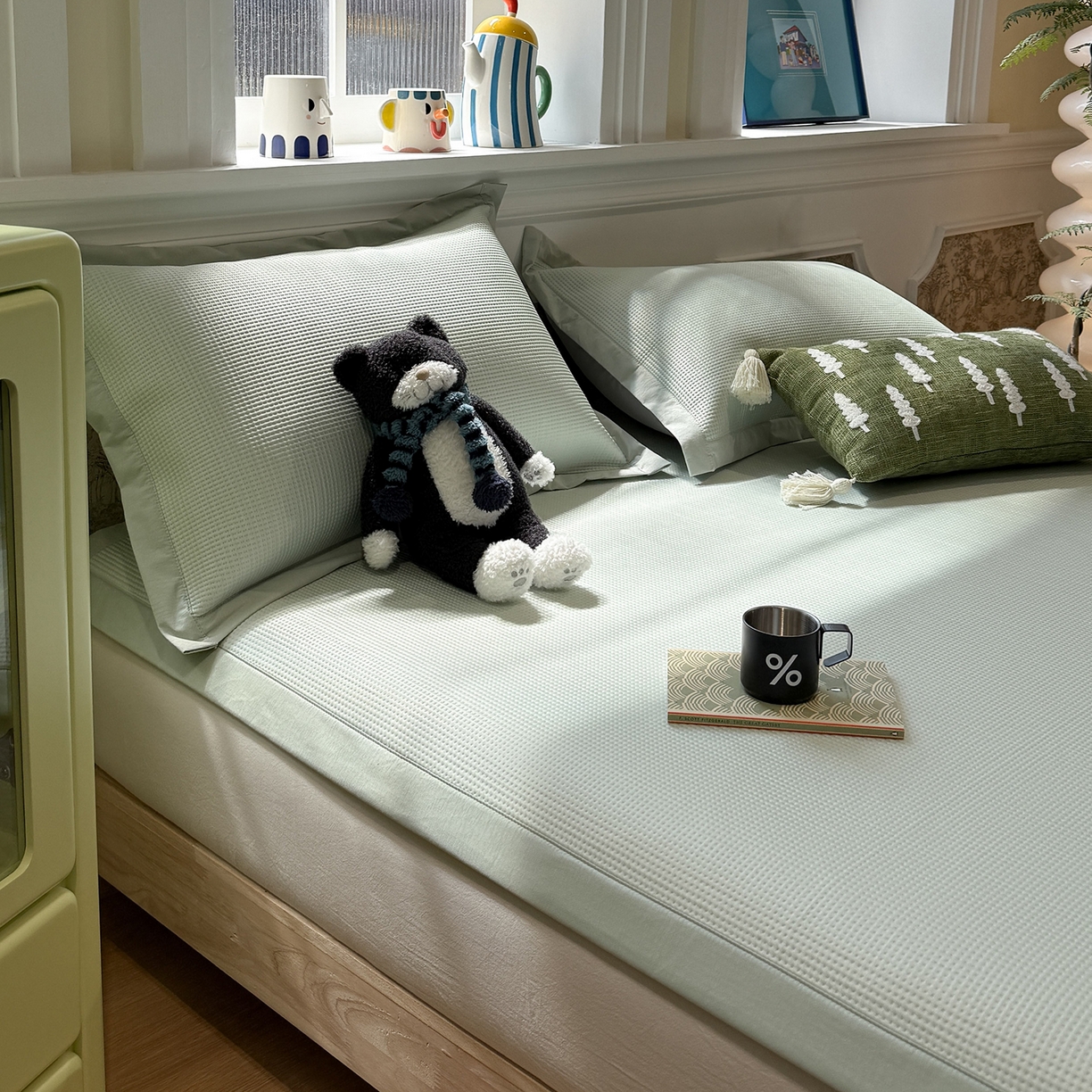 91家纺网 家纺一手货源 找家纺 GUJARY古家丽 2026新款A类刺绣凉豆豆凉席miumiu风绣蝴蝶结 青柠绿