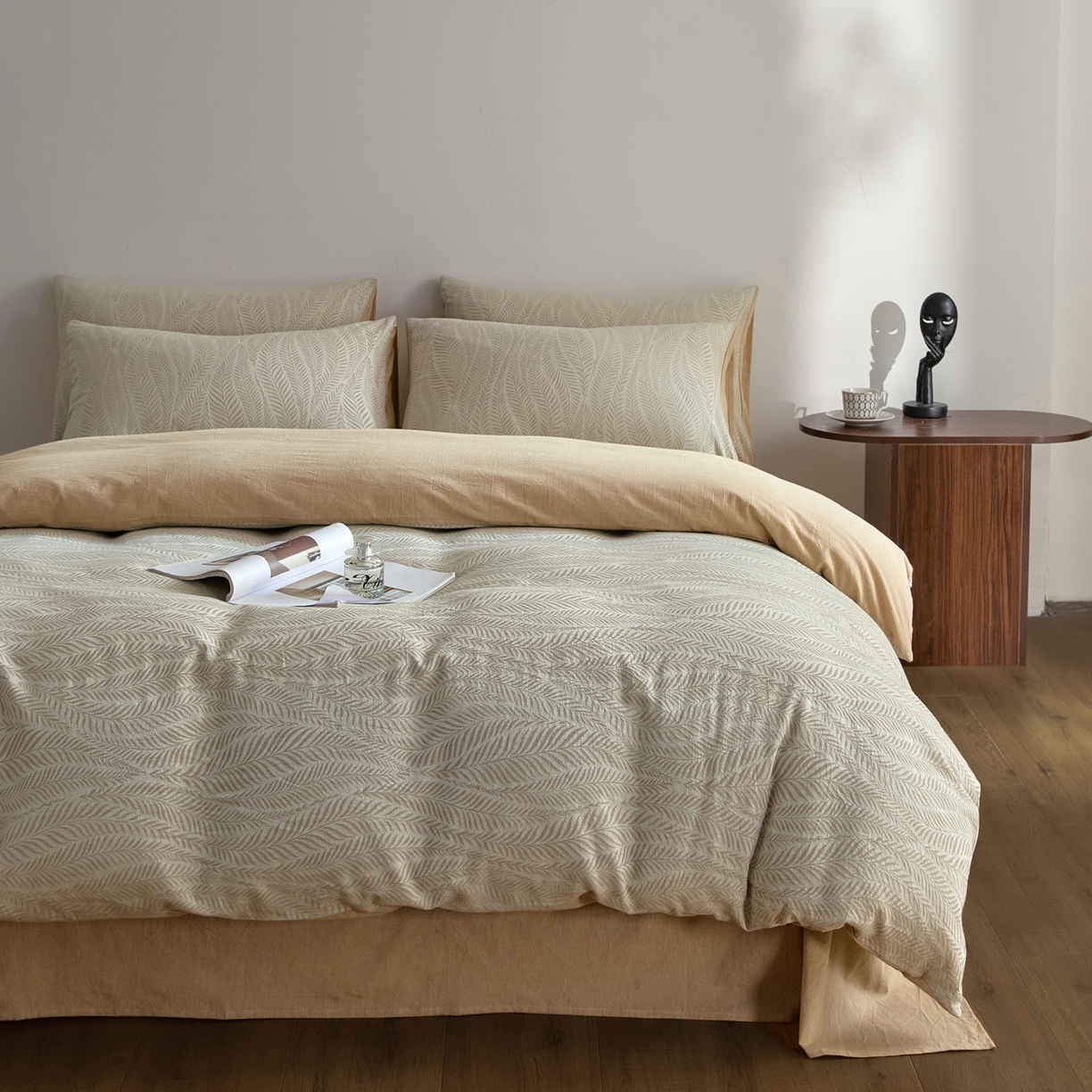 91家纺网 家纺一手货源 找家纺 如一 2026新款A类色织提花全棉双层纱水洗棉四件套 叶笙咖