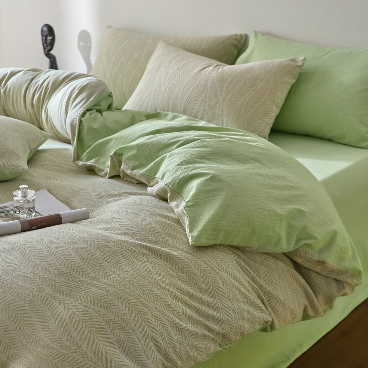 91家纺网 家纺一手货源 找家纺 如一 2026新款A类色织提花全棉双层纱水洗棉四件套 叶笙绿