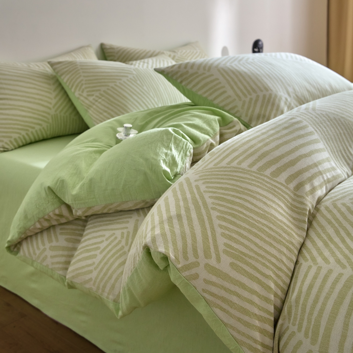 91家纺网 家纺一手货源 找家纺 如一 2026新款A类色织提花全棉双层纱水洗棉四件套 序章绿