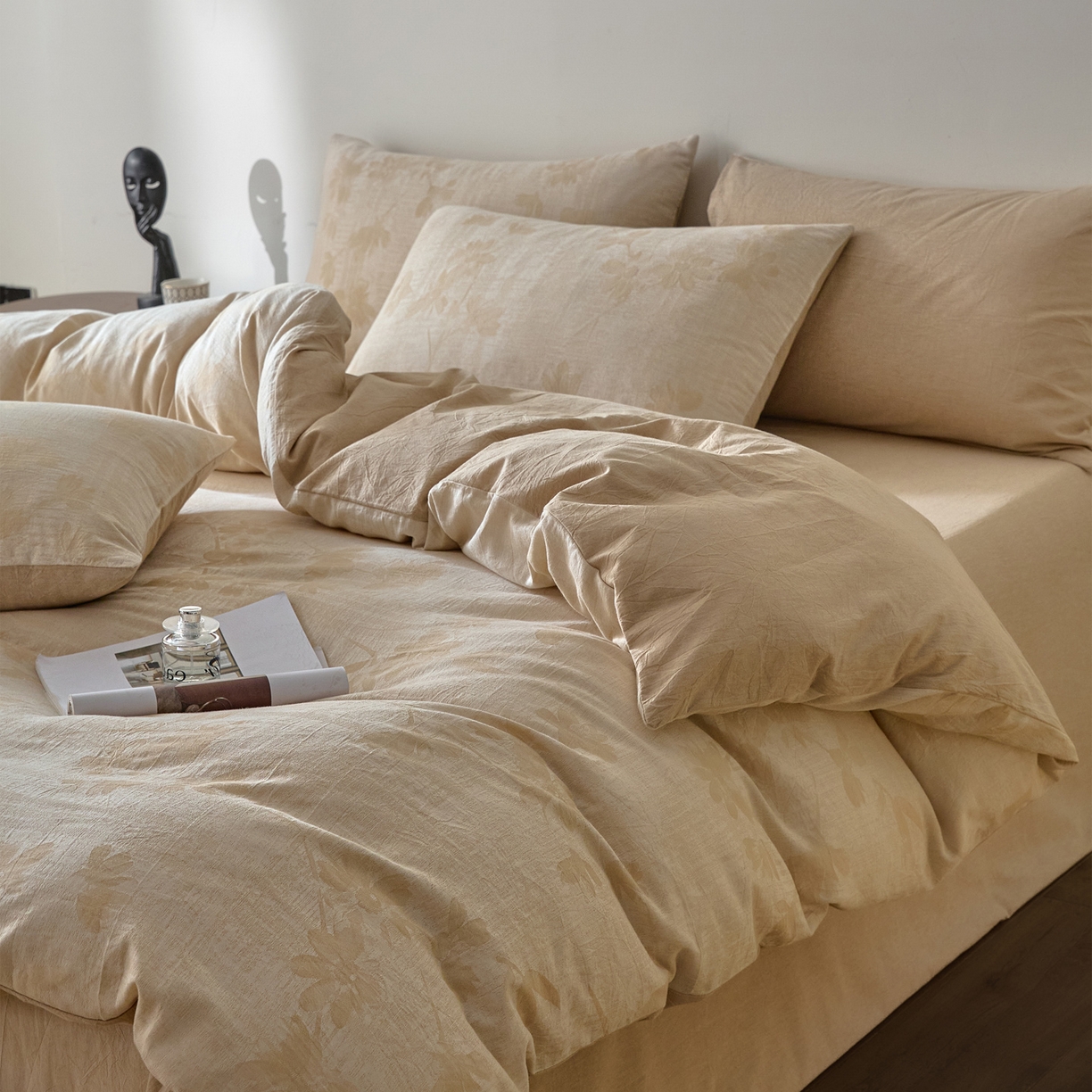 如一 2026新款A类色织提花全棉双层纱水洗棉四件套 兰序咖