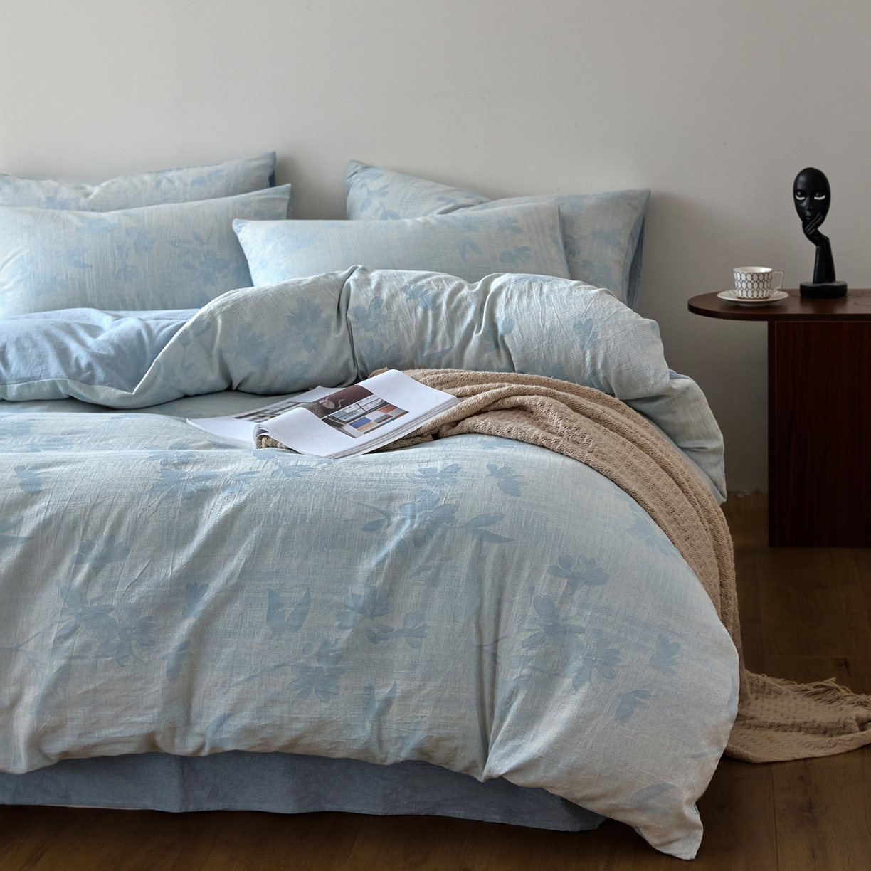 91家纺网 家纺一手货源 找家纺 如一 2026新款A类色织提花全棉双层纱水洗棉四件套 兰序蓝