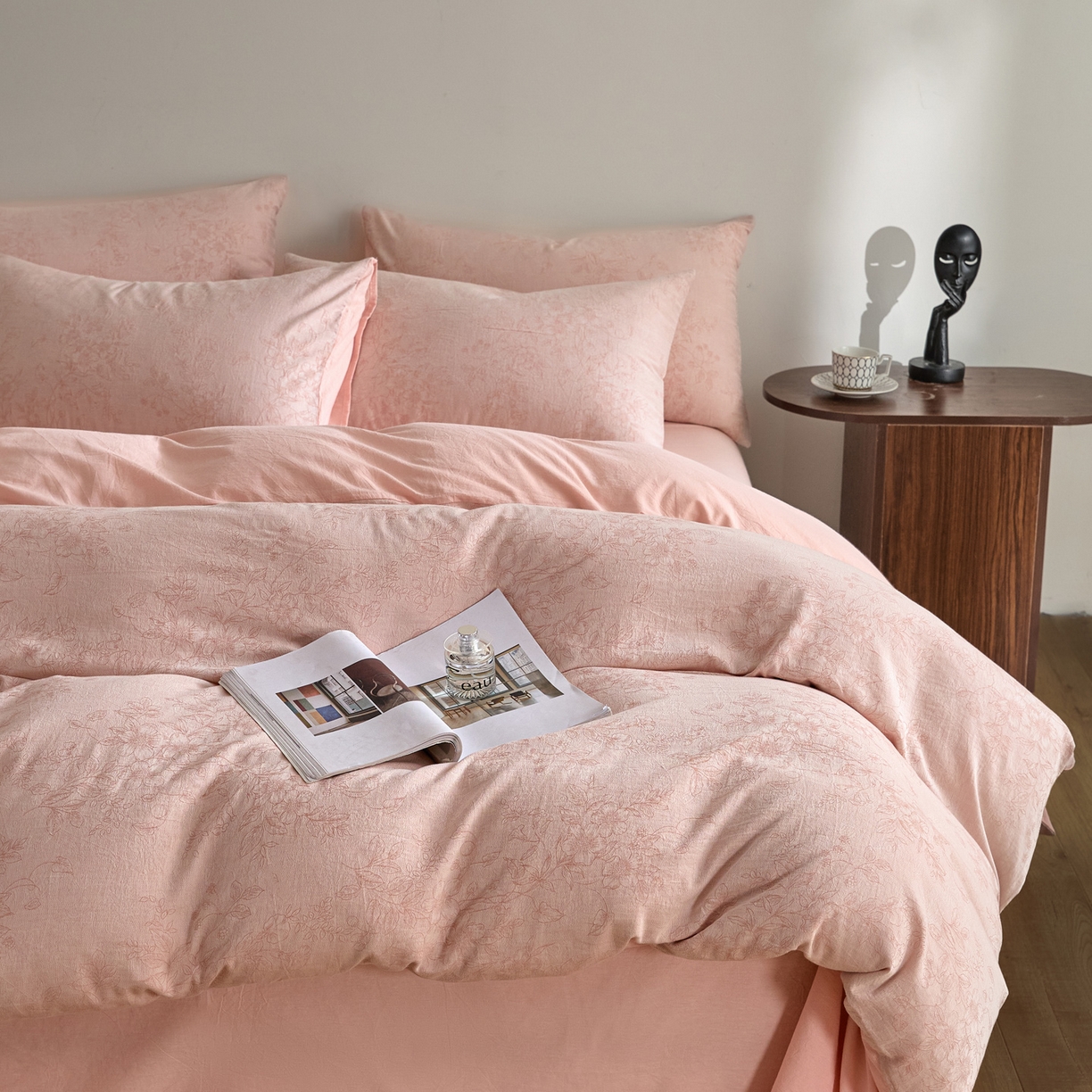 91家纺网 家纺一手货源 找家纺 如一 2026新款A类色织提花全棉双层纱水洗棉四件套 花忆粉