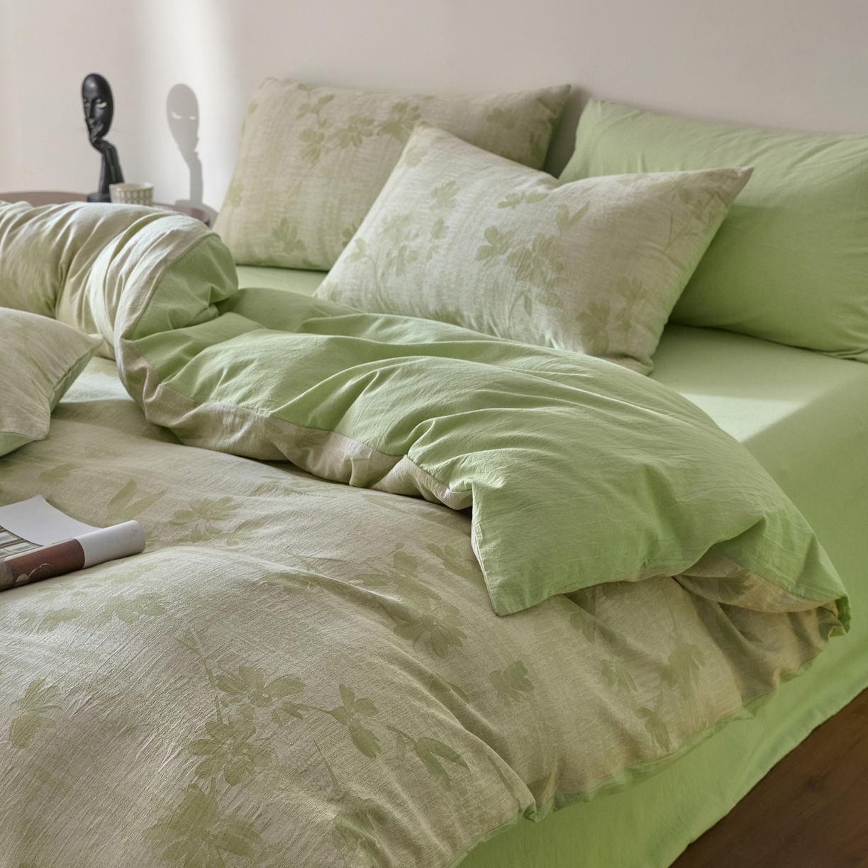 91家纺网 家纺一手货源 找家纺 如一 2026新款A类色织提花全棉双层纱水洗棉四件套 兰序绿