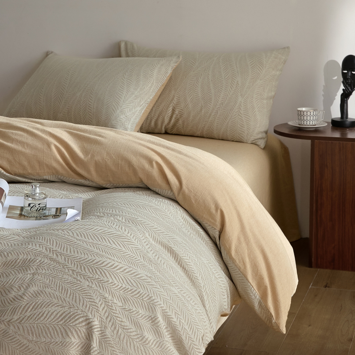 91家纺网 家纺一手货源 找家纺 如一 2026新款A类色织提花全棉双层纱水洗棉四件套 叶笙咖