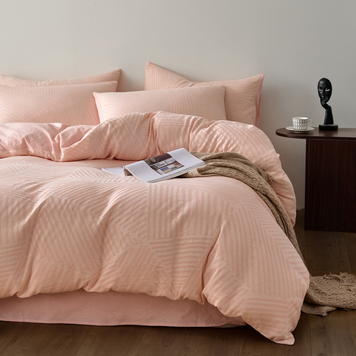 91家纺网 家纺一手货源 找家纺 如一 2026新款A类色织提花全棉双层纱水洗棉四件套 序章粉