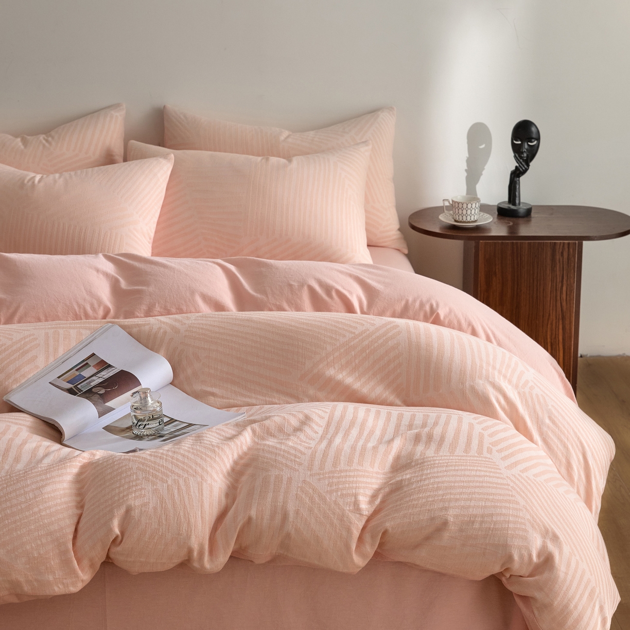 91家纺网 家纺一手货源 找家纺 如一 2026新款A类色织提花全棉双层纱水洗棉四件套 序章粉