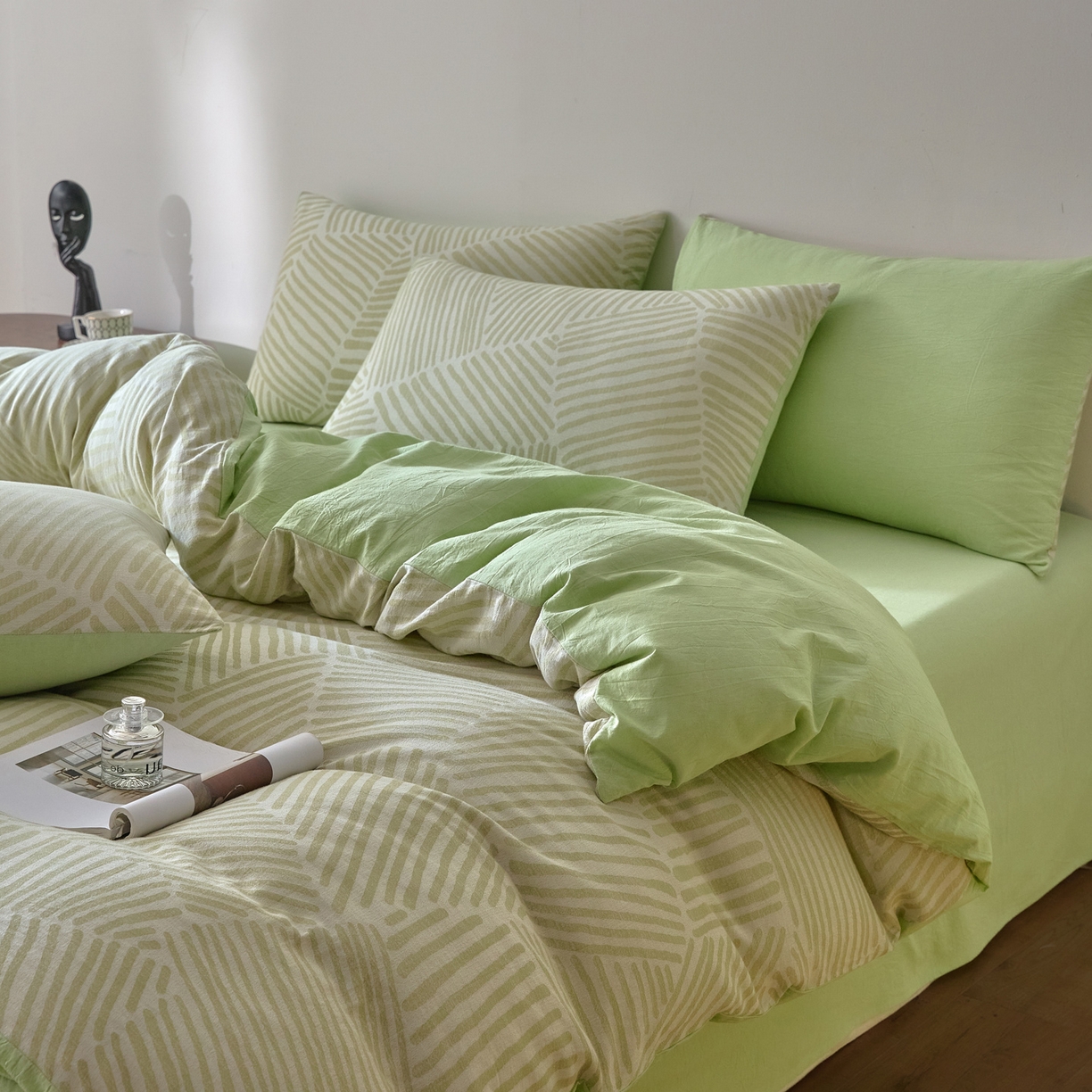 91家纺网 家纺一手货源 找家纺 如一 2026新款A类色织提花全棉双层纱水洗棉四件套 序章绿