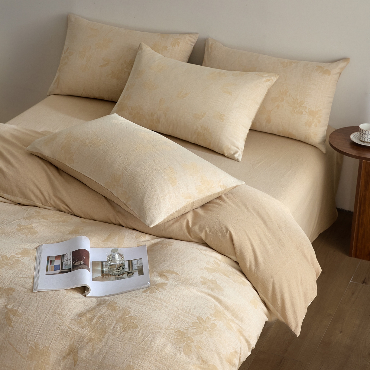 91家纺网 家纺一手货源 找家纺 如一 2026新款A类色织提花全棉双层纱水洗棉四件套 兰序咖