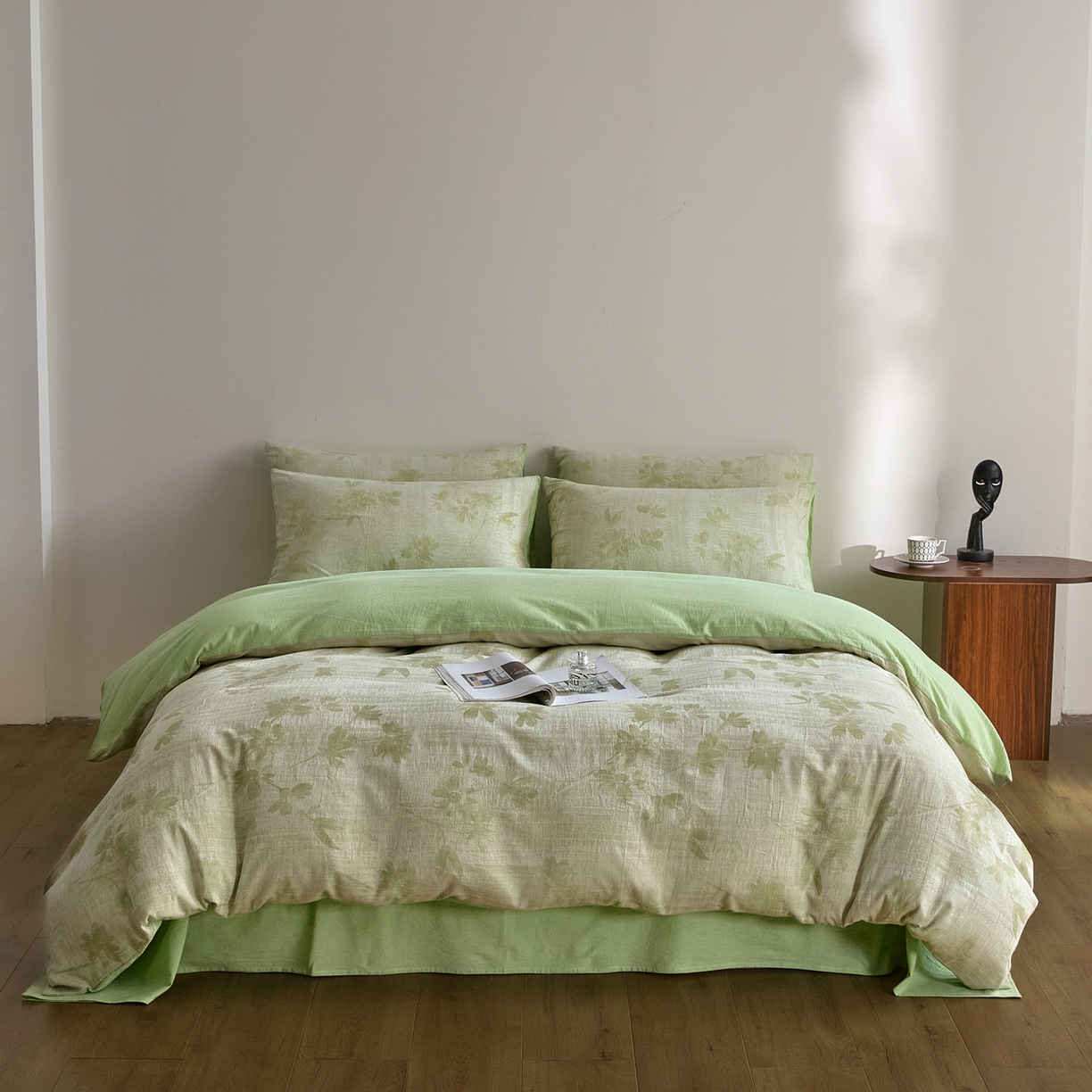 91家纺网 家纺一手货源 找家纺 如一 2026新款A类色织提花全棉双层纱水洗棉四件套 兰序绿