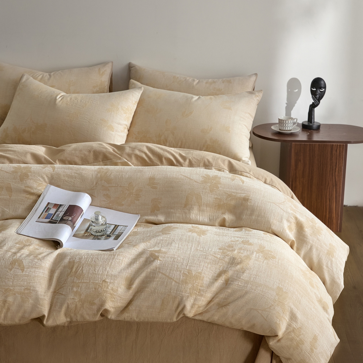 91家纺网 家纺一手货源 找家纺 如一 2026新款A类色织提花全棉双层纱水洗棉四件套 兰序咖