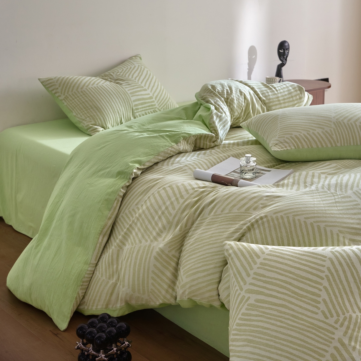 91家纺网 家纺一手货源 找家纺 如一 2026新款A类色织提花全棉双层纱水洗棉四件套 序章绿