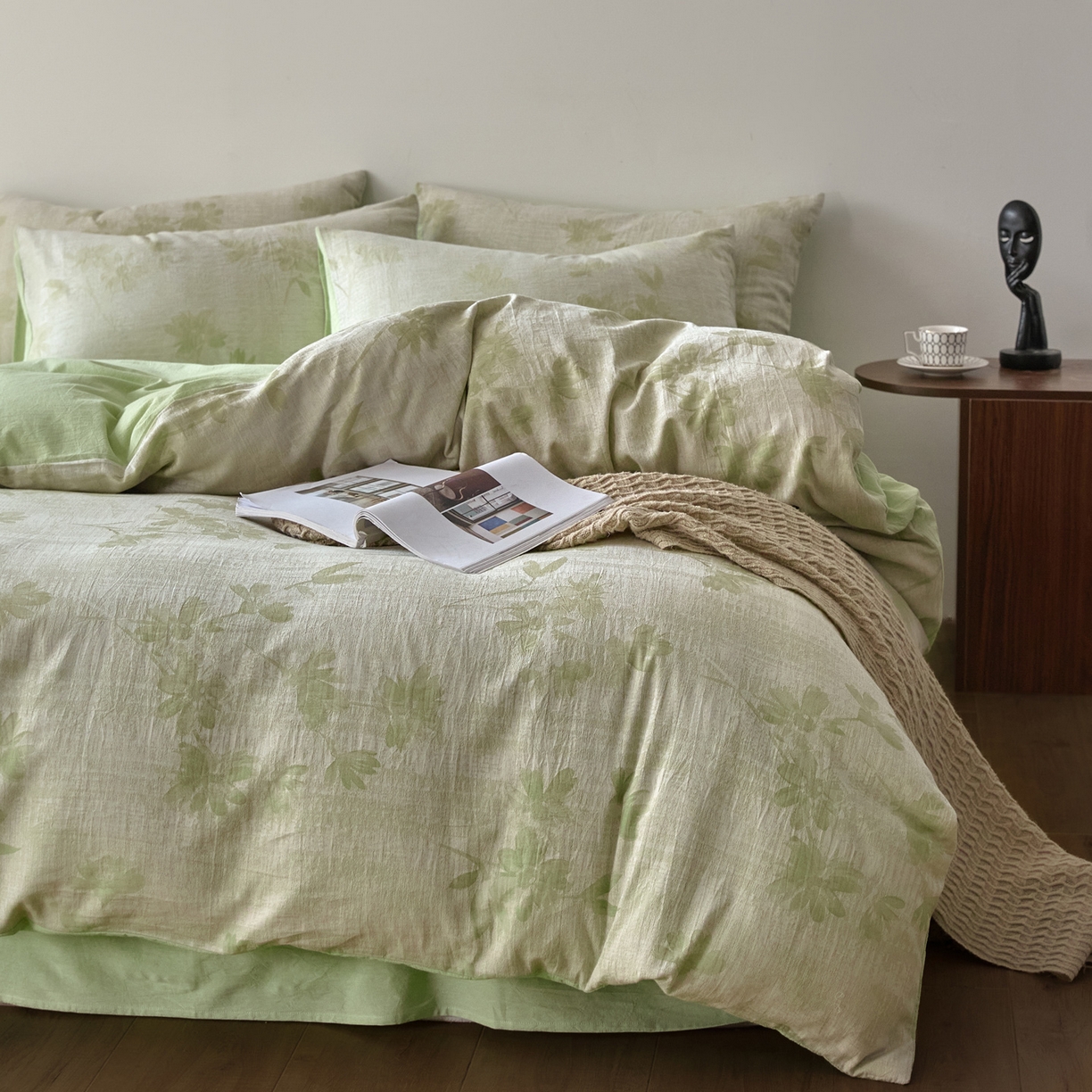 91家纺网 家纺一手货源 找家纺 如一 2026新款A类色织提花全棉双层纱水洗棉四件套 兰序绿